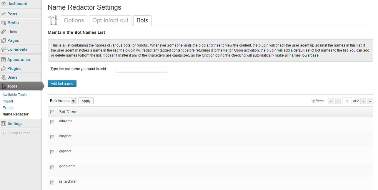 screenshot-4.png - The Bots tab, where the admin can maintain a list of
