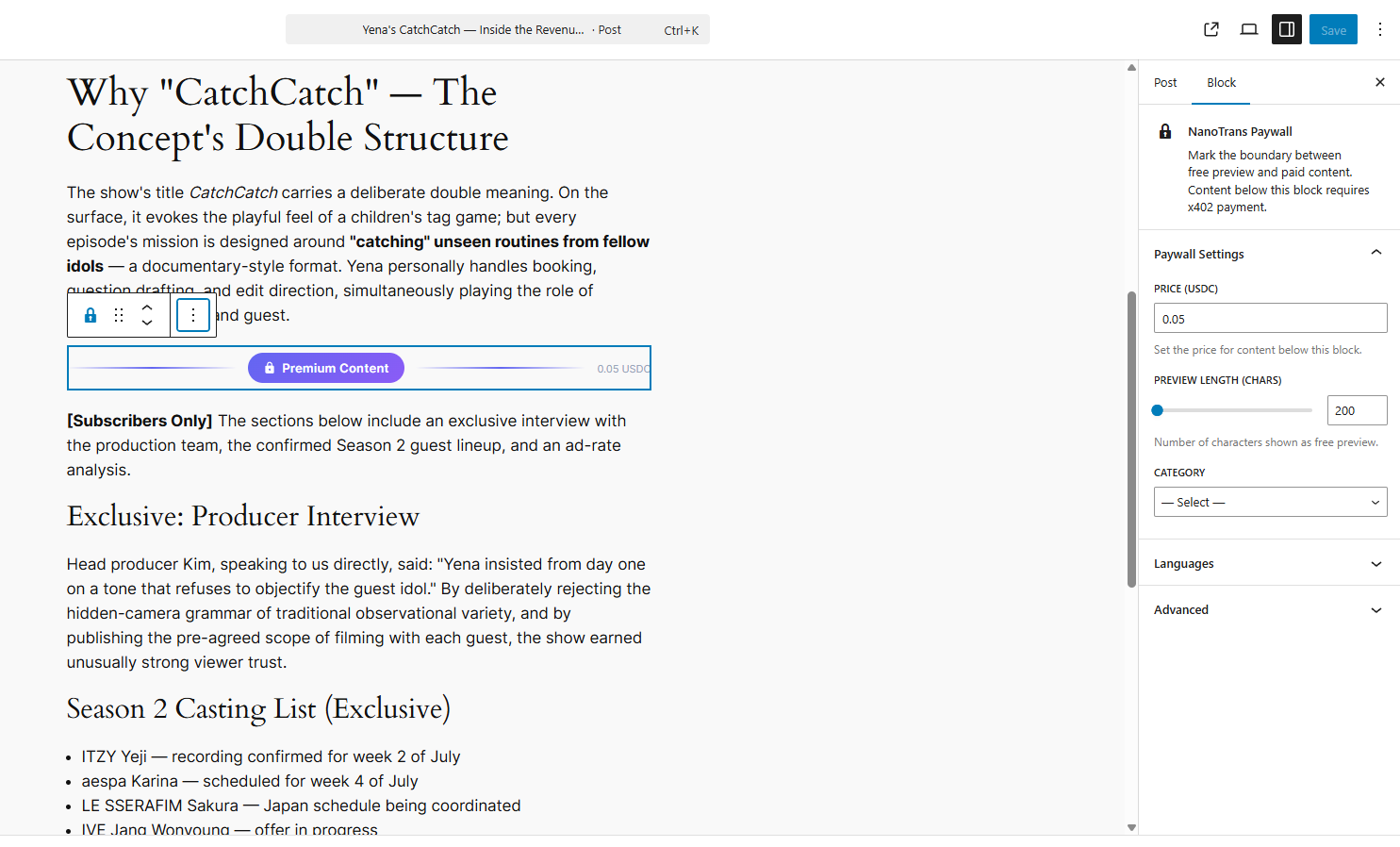 Gutenberg Paywall Block - Visual price configuration