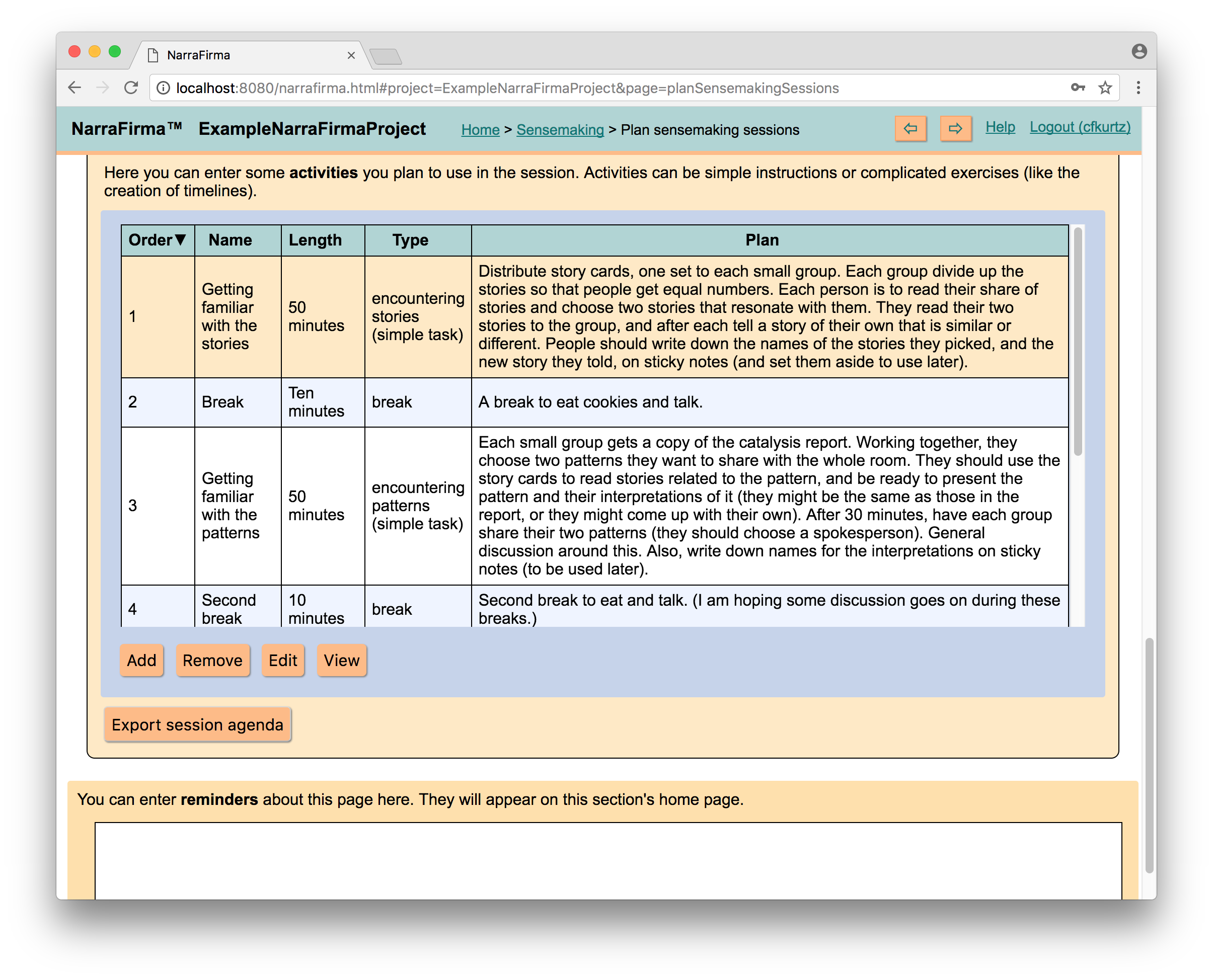 This is the main page of NarraFirma. The sections of the software (and the phases of PNI) are shown in the diagram. Clicking on any of these buttons  leads to that section.