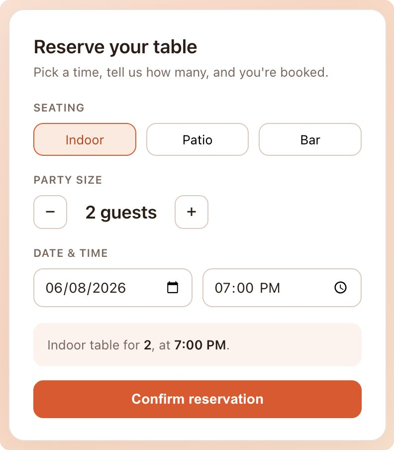 No field type limits in this HTML form plugin: a table booking form with a seating switcher, a guest stepper, and native date and time pickers.