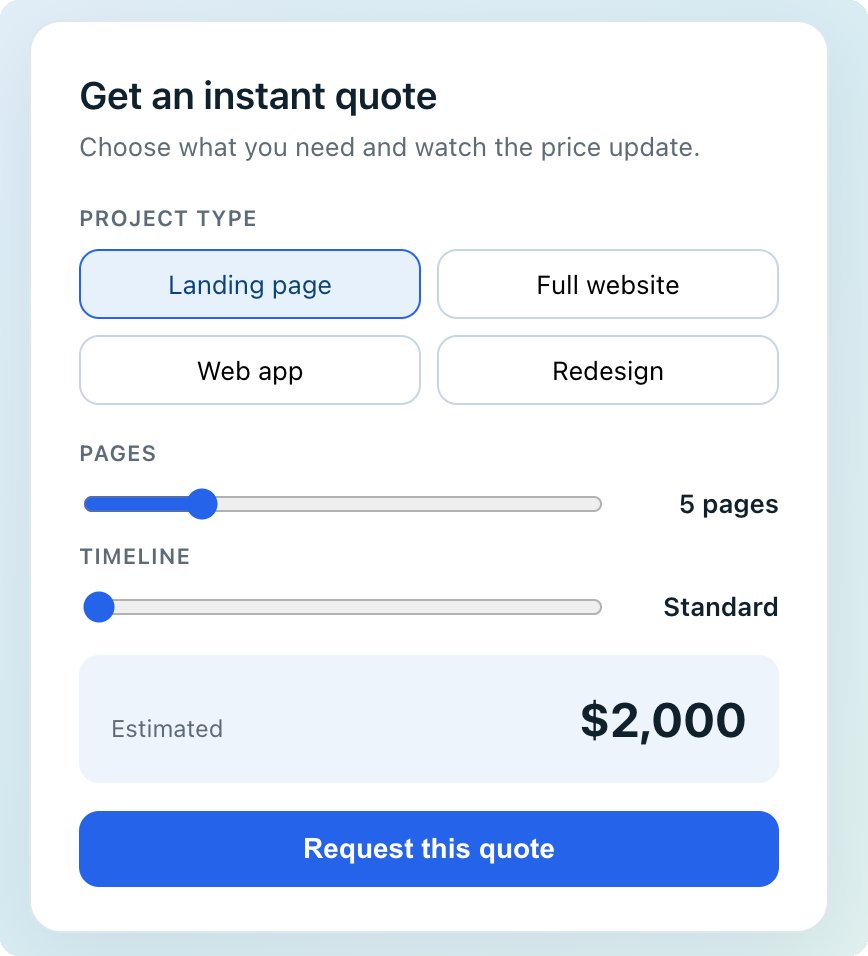 Build a custom form fast: an instant quote form with selectable option cards and range sliders that update a live price.