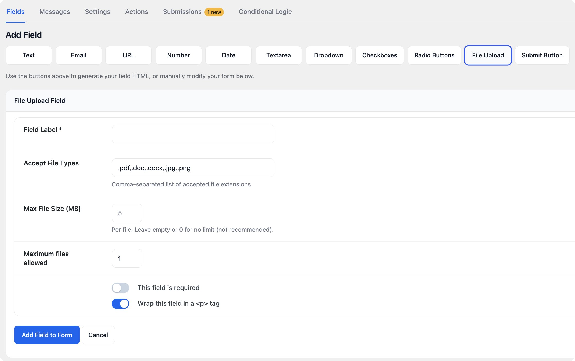 The built in HTML editor with one click field buttons, a live preview, and a file upload form field with size and count limits.