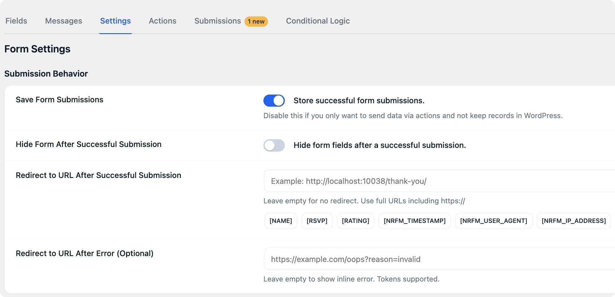 Form settings: store form submissions, hide the form, or redirect after submit, with template tokens like [NAME] and [NRFM_IP_ADDRESS].