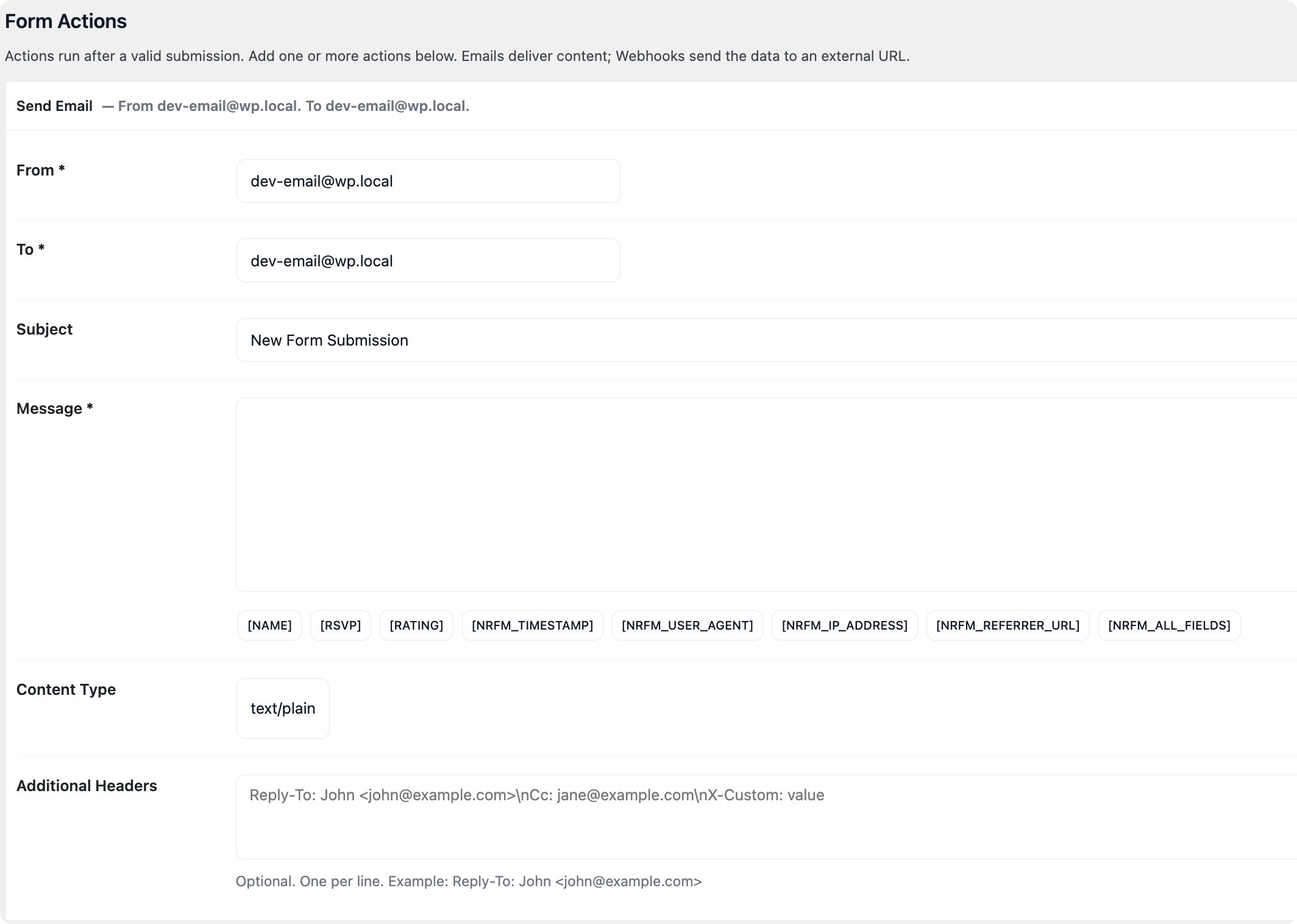 Email notifications for every form submission, in plain text or HTML, with a template token for each field.