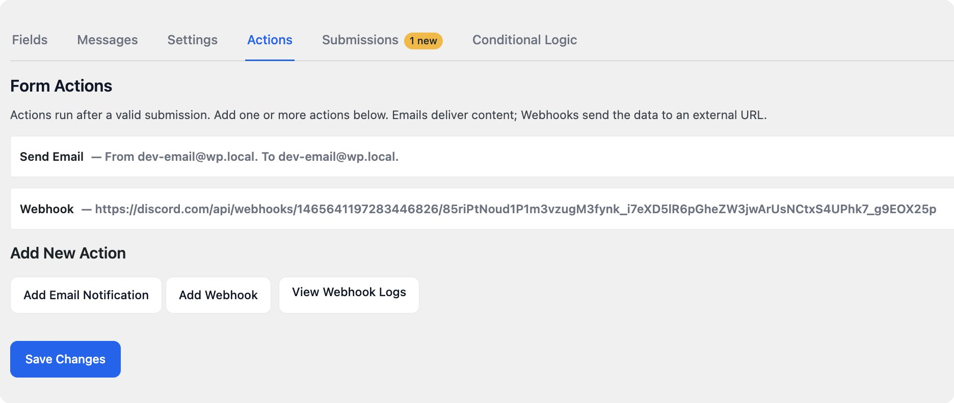 Webhook actions: send form data to any webhook URL after every submission, with no code.
