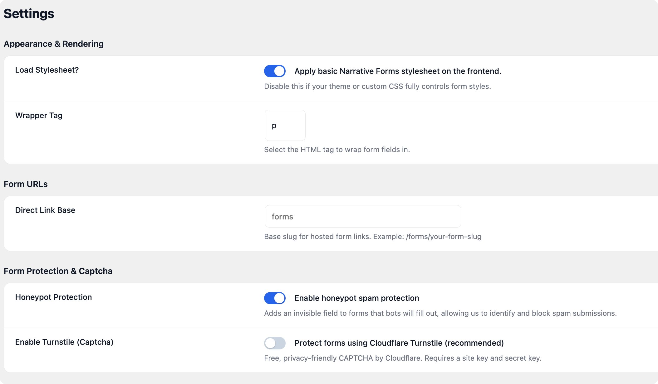 Appearance and protection settings: an optional stylesheet, honeypot, and Cloudflare Turnstile, privacy friendly with no third party tracking.