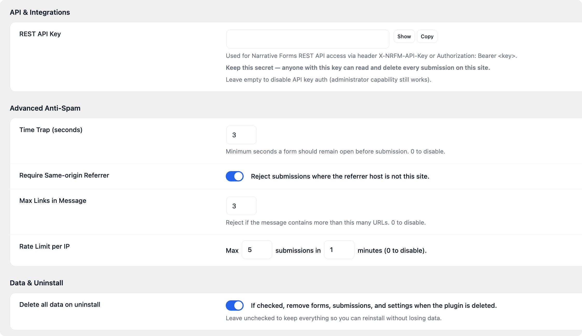 Advanced spam protection and data settings: a time trap, same origin check, link limit, and rate limit per IP.