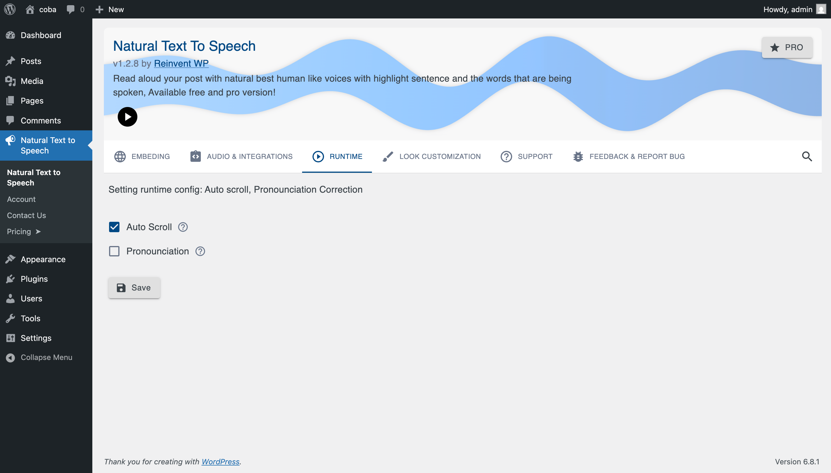 Setting Page: Runtime config - Automatically follow the text being spoken, Pronounciation correction
