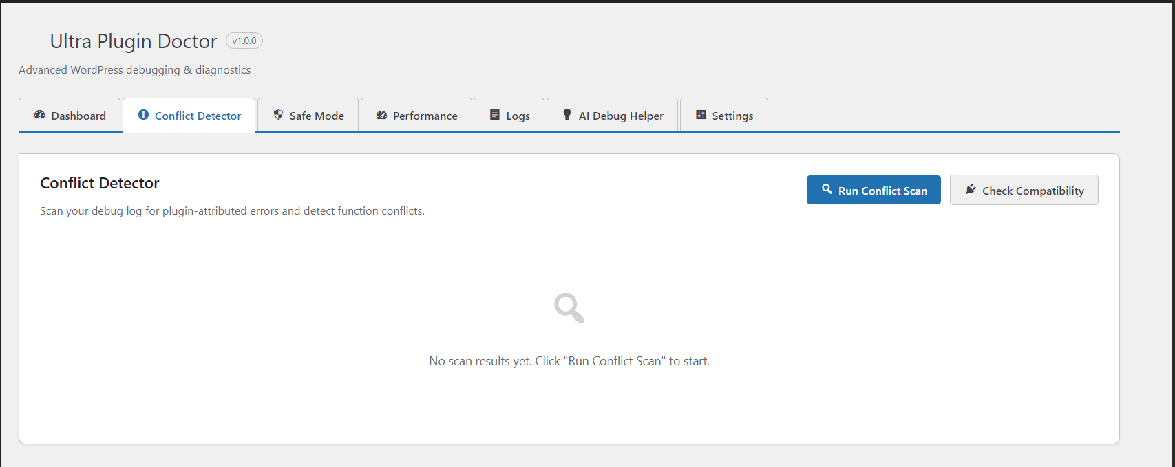 Conflict Detector screen for plugin-attributed scan results and compatibility checks