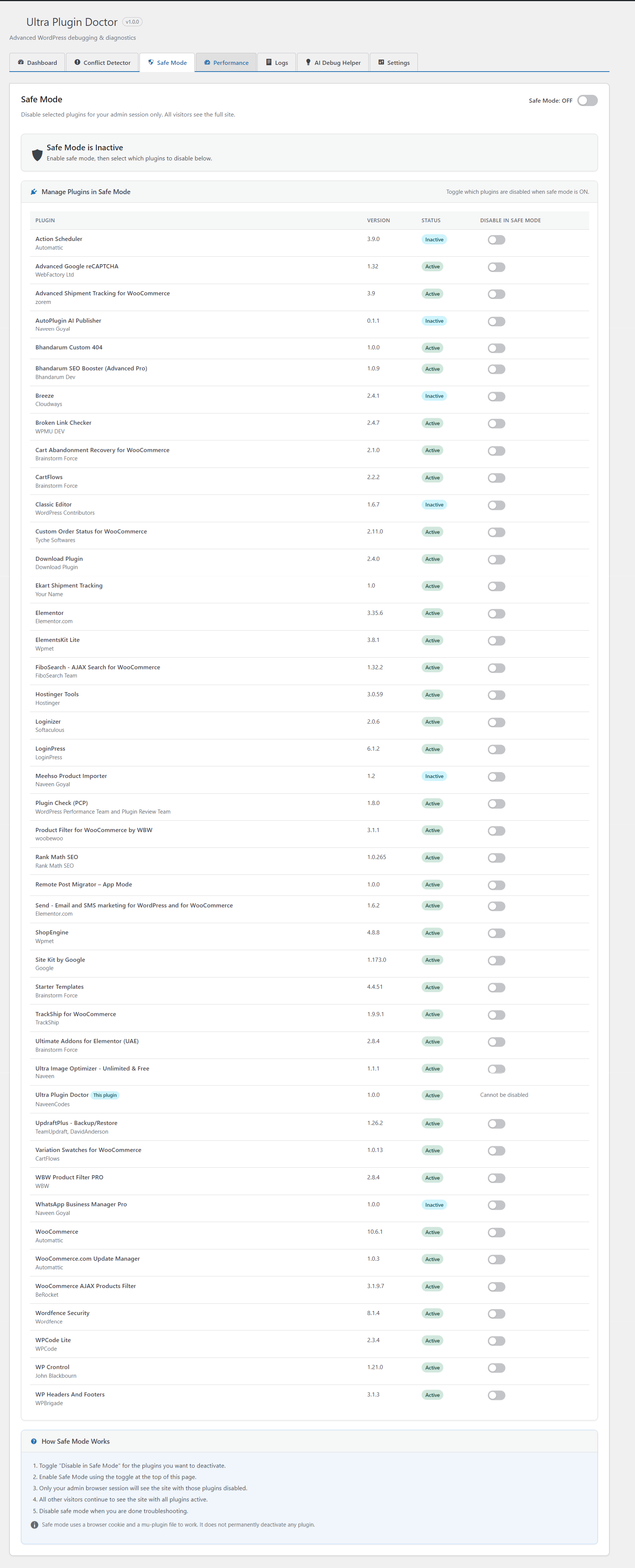 Safe Mode controls for isolating plugin issues inside wp-admin