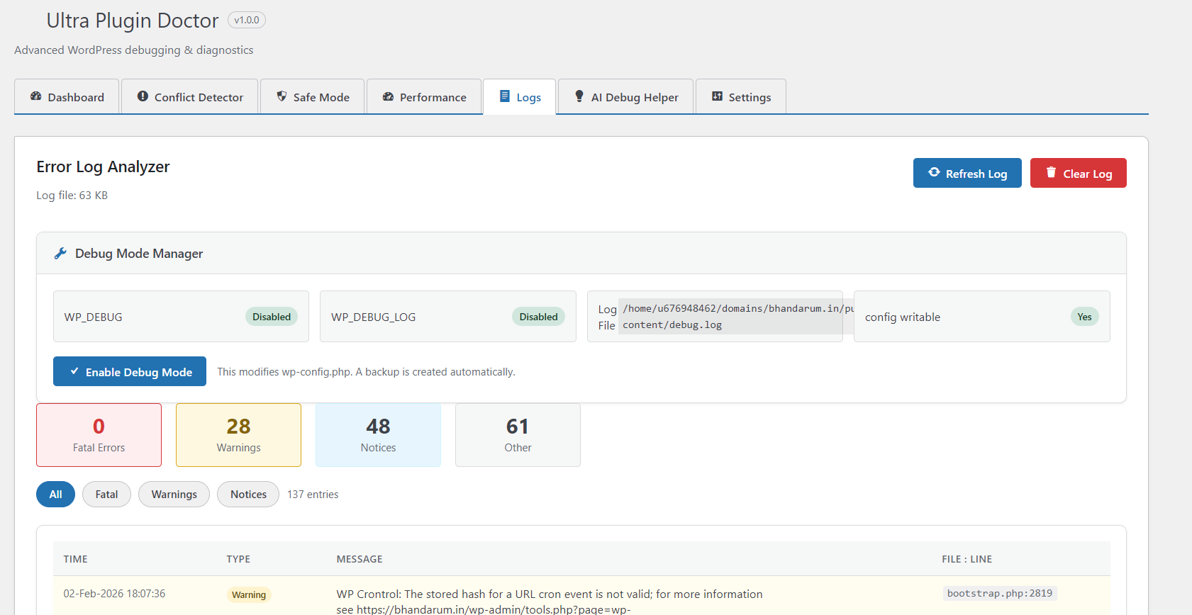 Logs screen for debug mode controls and recent error analysis