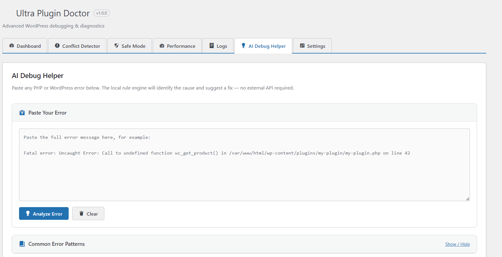 AI Debug Helper for local troubleshooting suggestions based on pasted errors