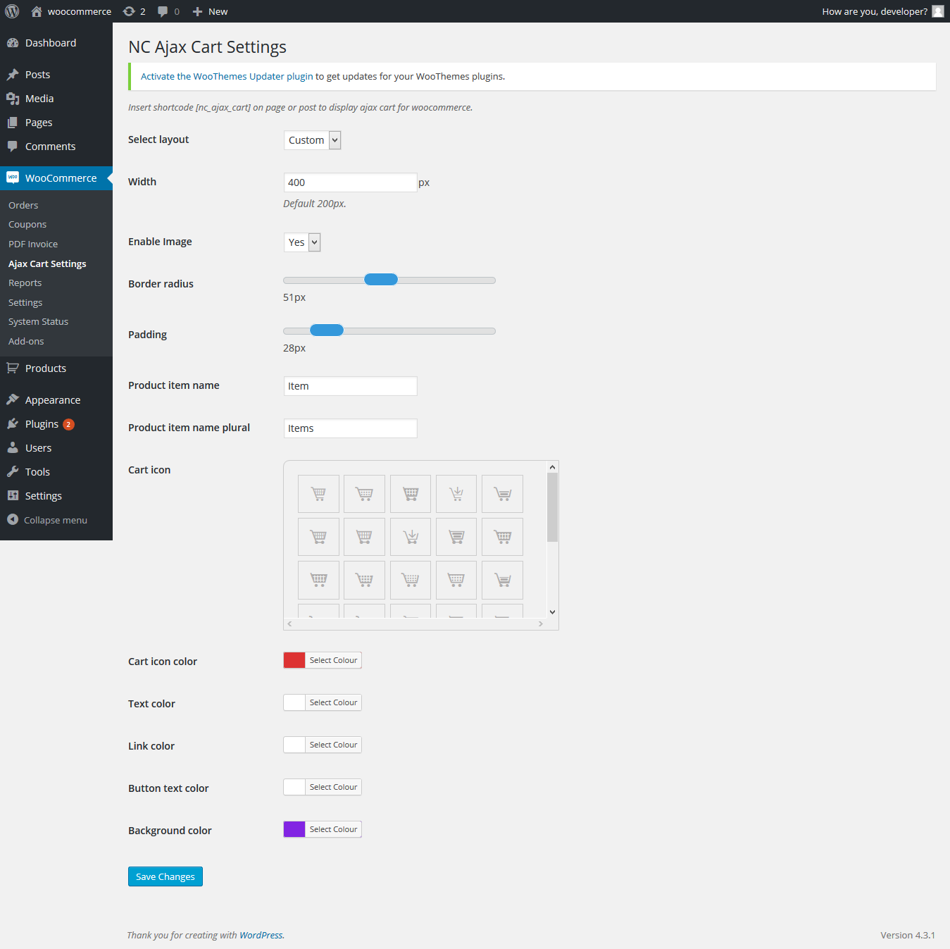 NC Ajax Cart Settings Page
