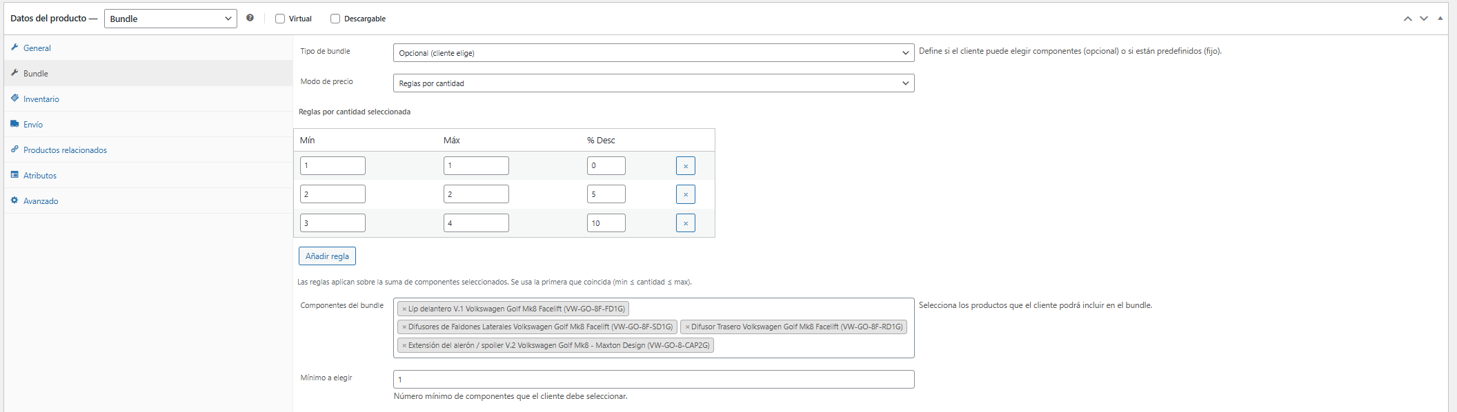 Product editor with optional bundle quantity rules and minimum component selection.