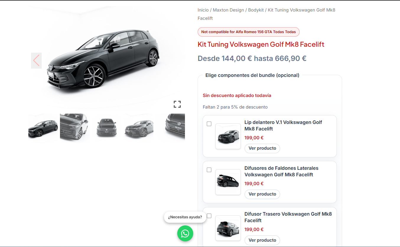 Optional bundle front-end with price range before selection and product cards.
