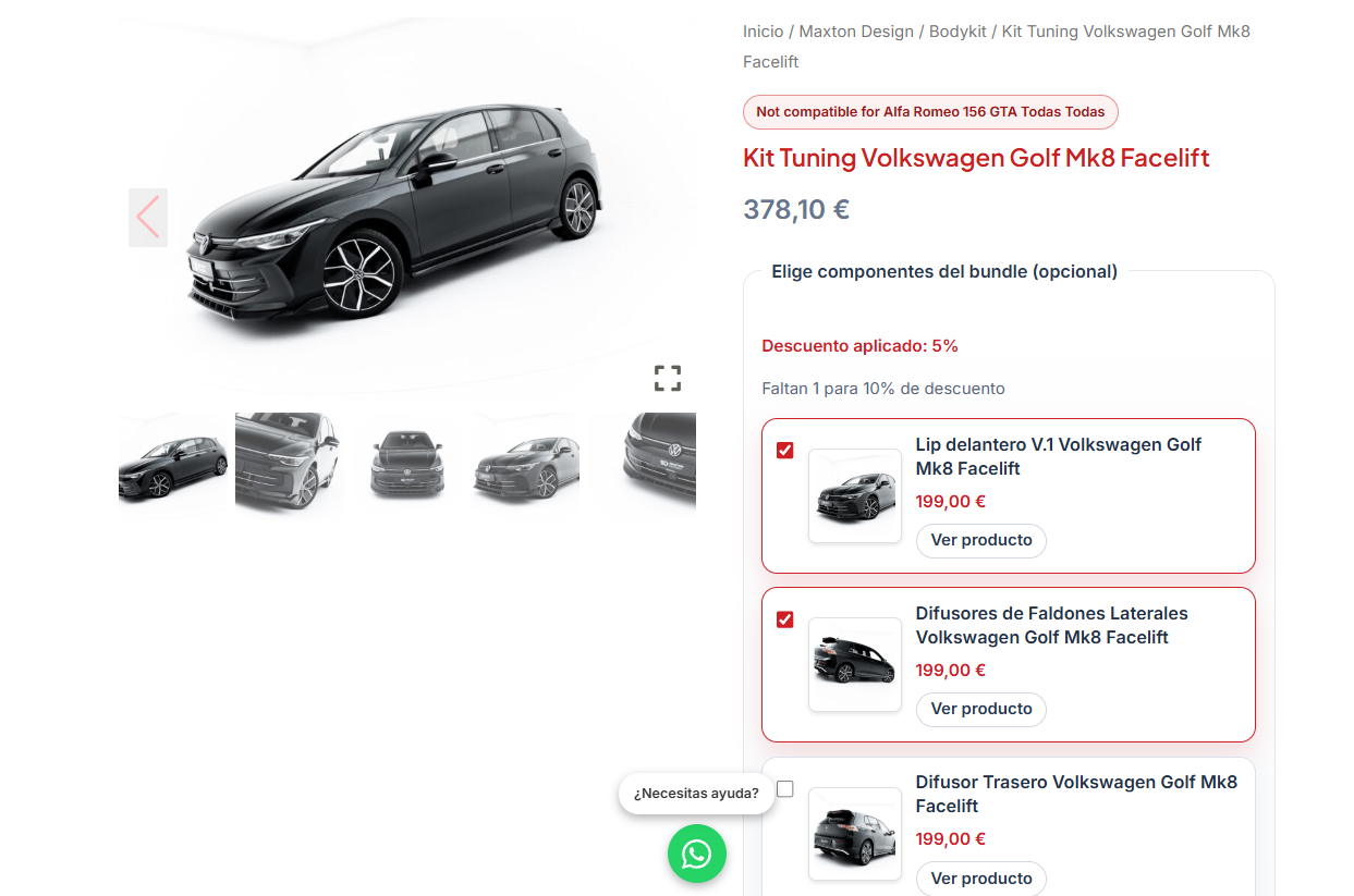 Optional bundle front-end with applied quantity discount and live price recalculation.