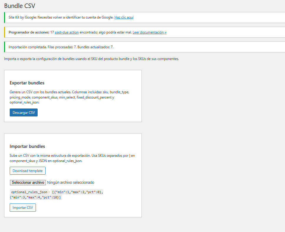 Bundle CSV admin screen for export, template download, and bulk import.