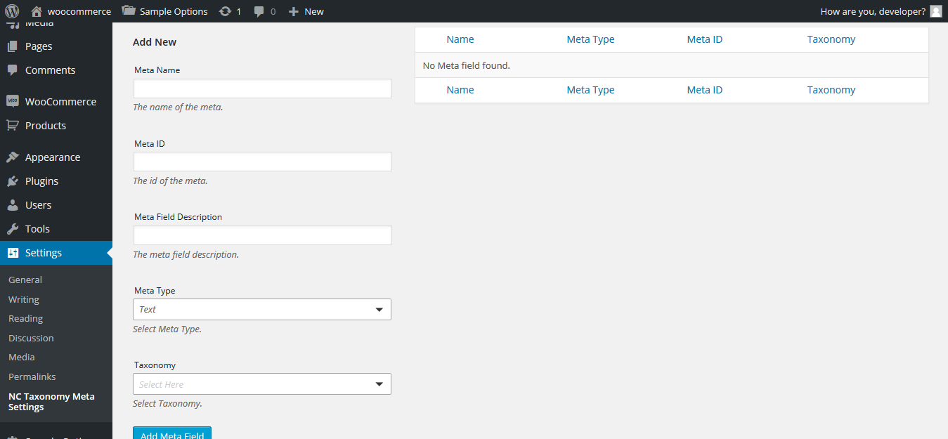 NC Taxonomy Meta Settings Page
