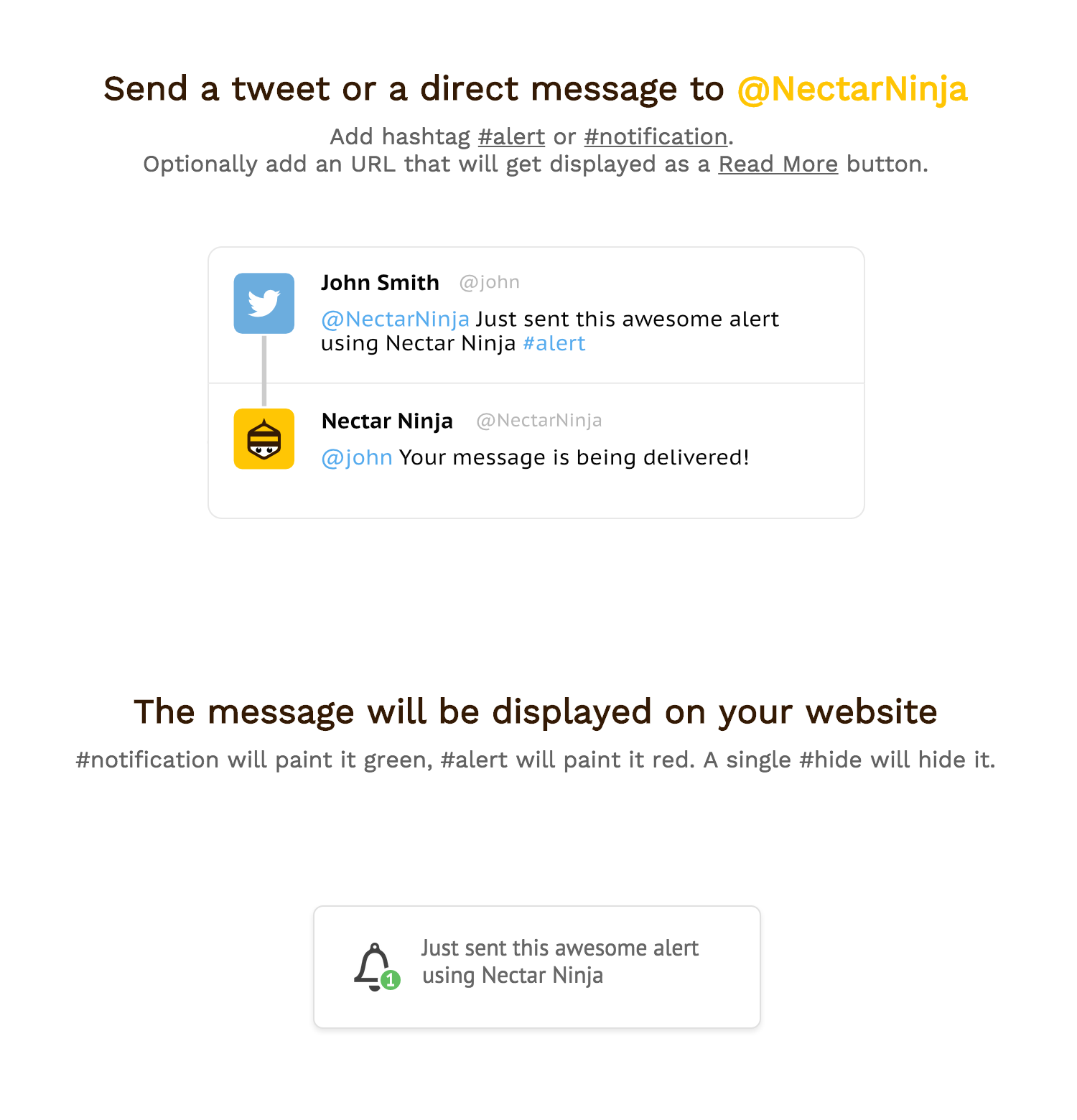 Nectar Ninja allows you to show messages on your site just by sending a tweet!