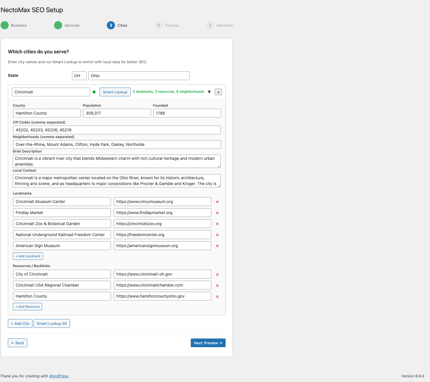 City enrichment with Smart Lookup — local landmarks, neighborhoods, and resources
