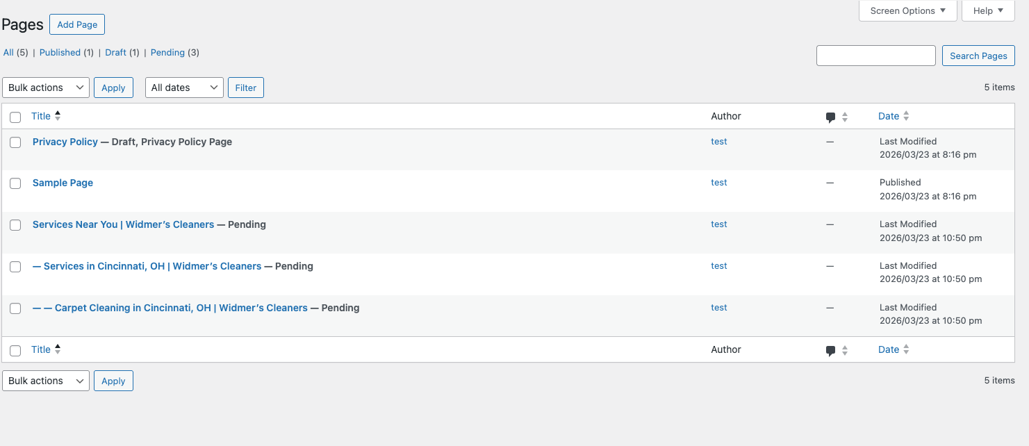 Generated pages in WordPress — ready to review and publish