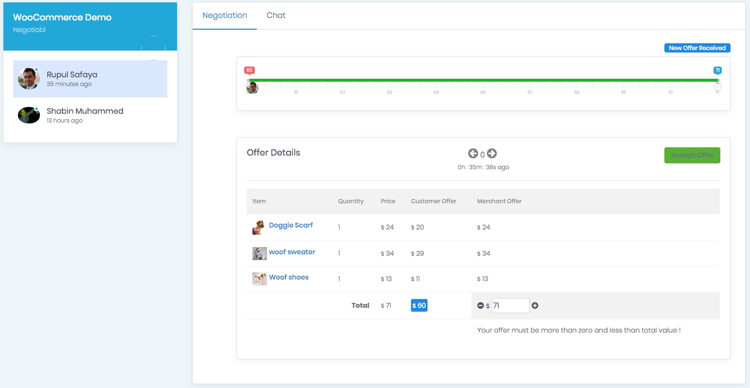 Merchant Dashboard where you can manage live negotiations and fine tune your techniques based on negotiation analytics.