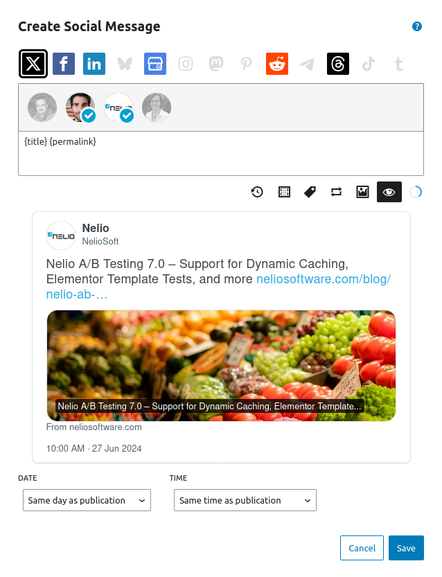 **Integrated Social Message Editor.** Nelio Content includes a beautiful dialog where you can select multiple profiles of different networks, create a message that will be shared on all of them, preview how it’ll look like, and schedule the exact date and time in which the message has to be automatically shared.