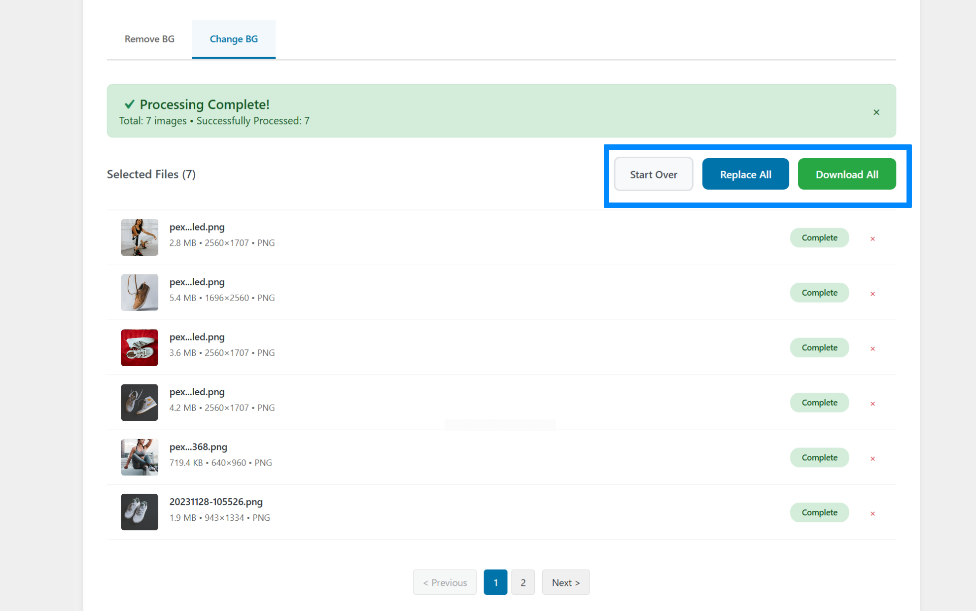 Result actions: Replace All / Download All