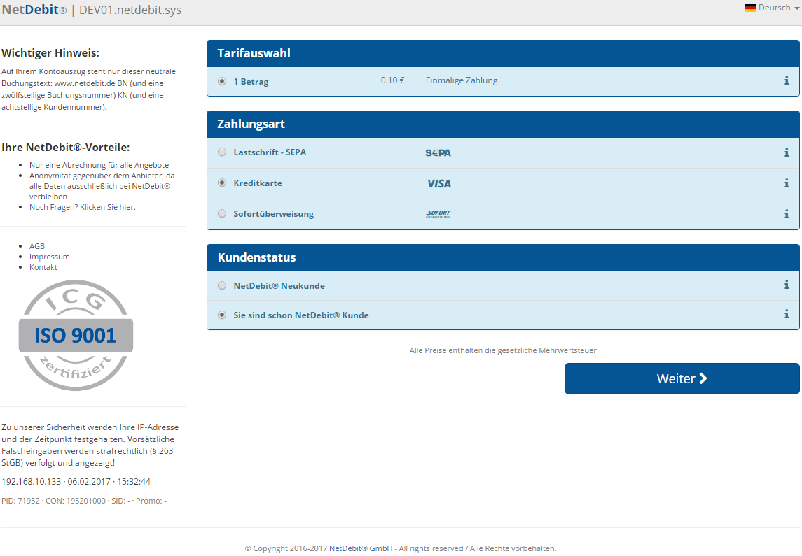 NetDebit® paymentform step 1