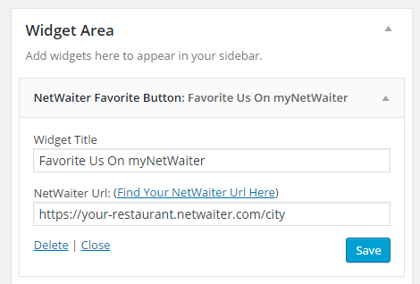 WordPress NetWaiter Favorite Button Widget Appearance in the Widget Area Section.