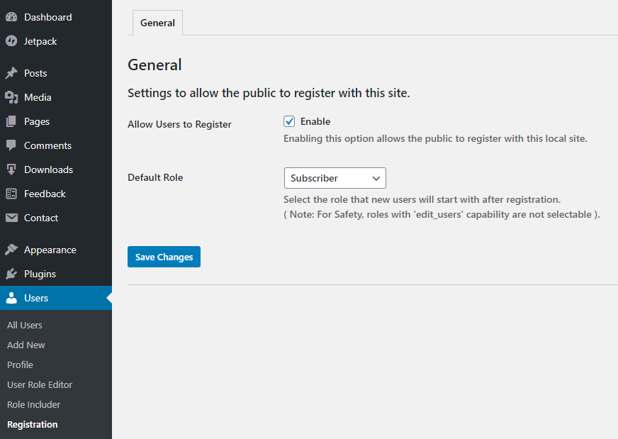 The Settings Screen for user registration.