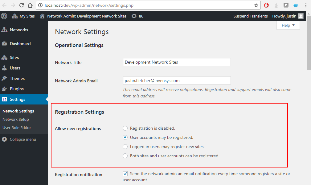An example of Network Settings allowing users to be registered