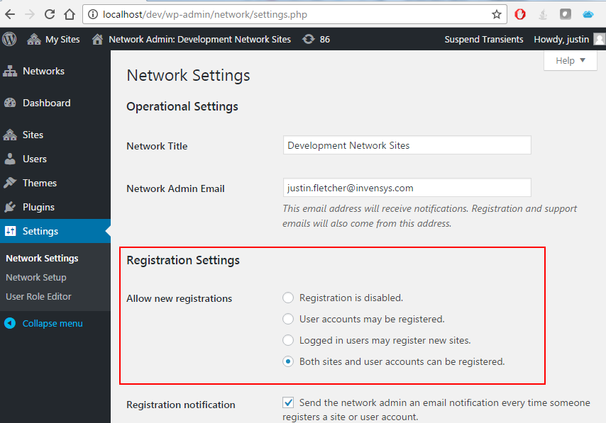 An example of Network Settings allowing both sites and users to be registered.