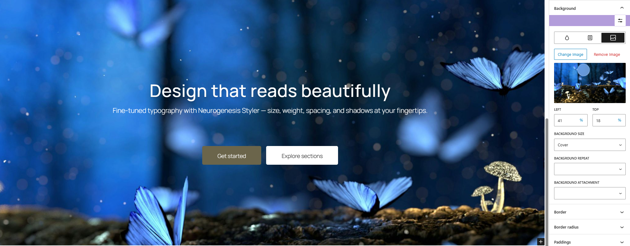 Background settings — apply gradients, images, or layered effects directly to any block or group.