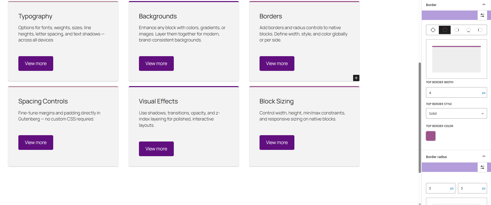 Border and spacing tools — fine-tune widths, styles, radii, margins, and padding with precision.