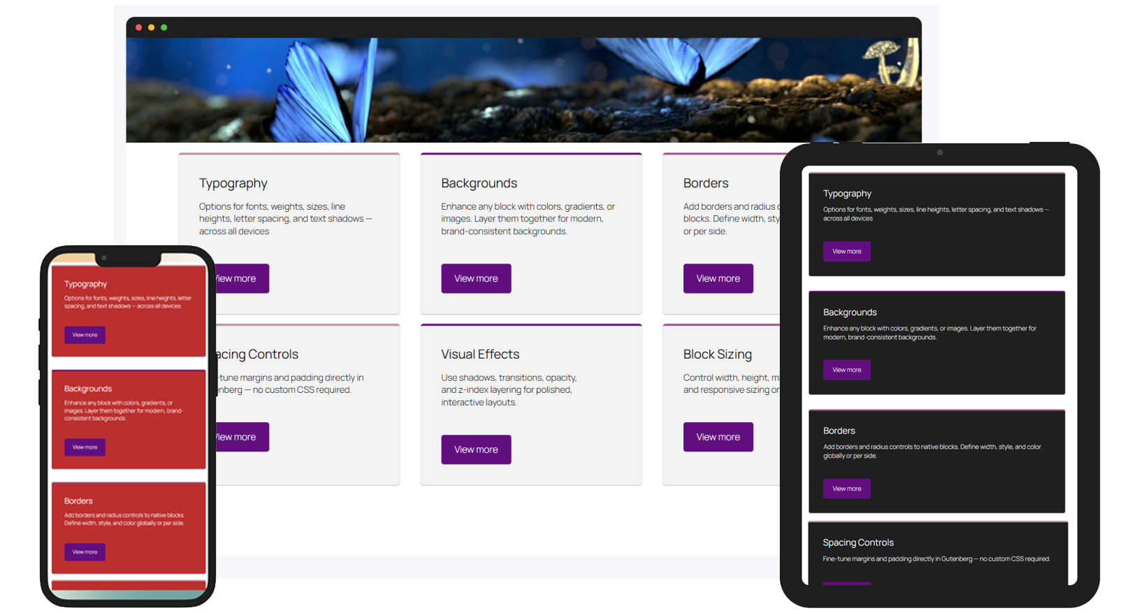 Responsive controls — style blocks differently for desktop, tablet, and mobile views.