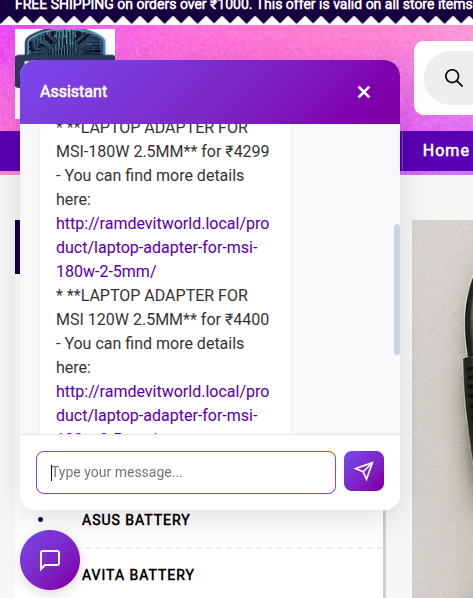 **Frontend Chat Interface:** View of the chatbot widget on the site.