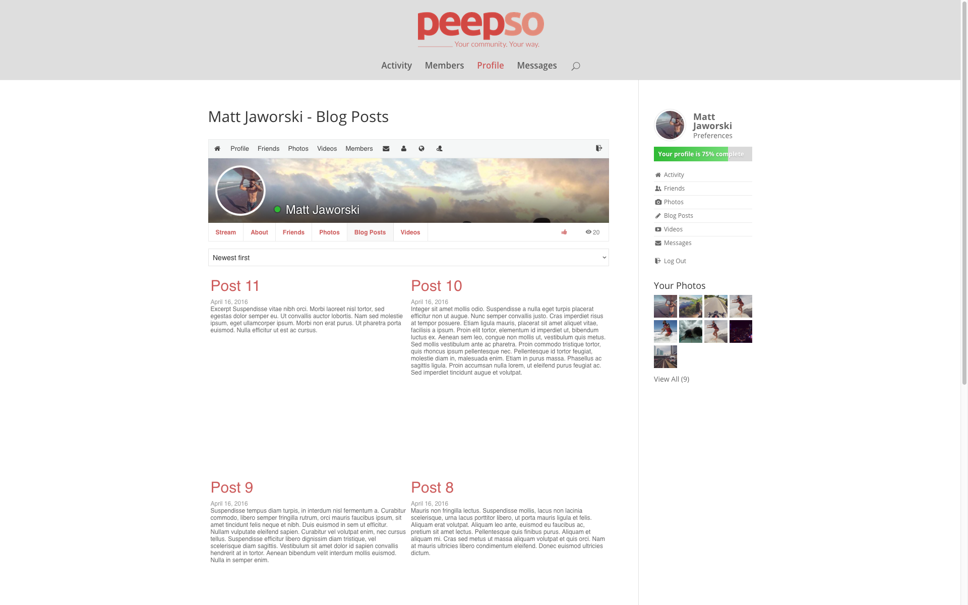 Blog Posts profile tab - two columns