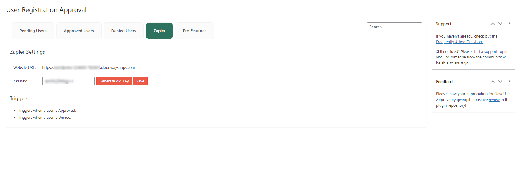 User Registration Approval - Zapier Settings.