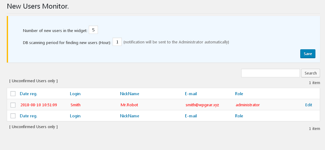 screenshot-3.png Setup options 'New Users Monitor' and List of Unconfirmed New Users.