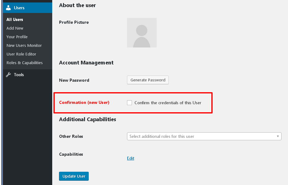 screenshot-4.png User-Profile page. Option: 'Confirmation (new User)'.