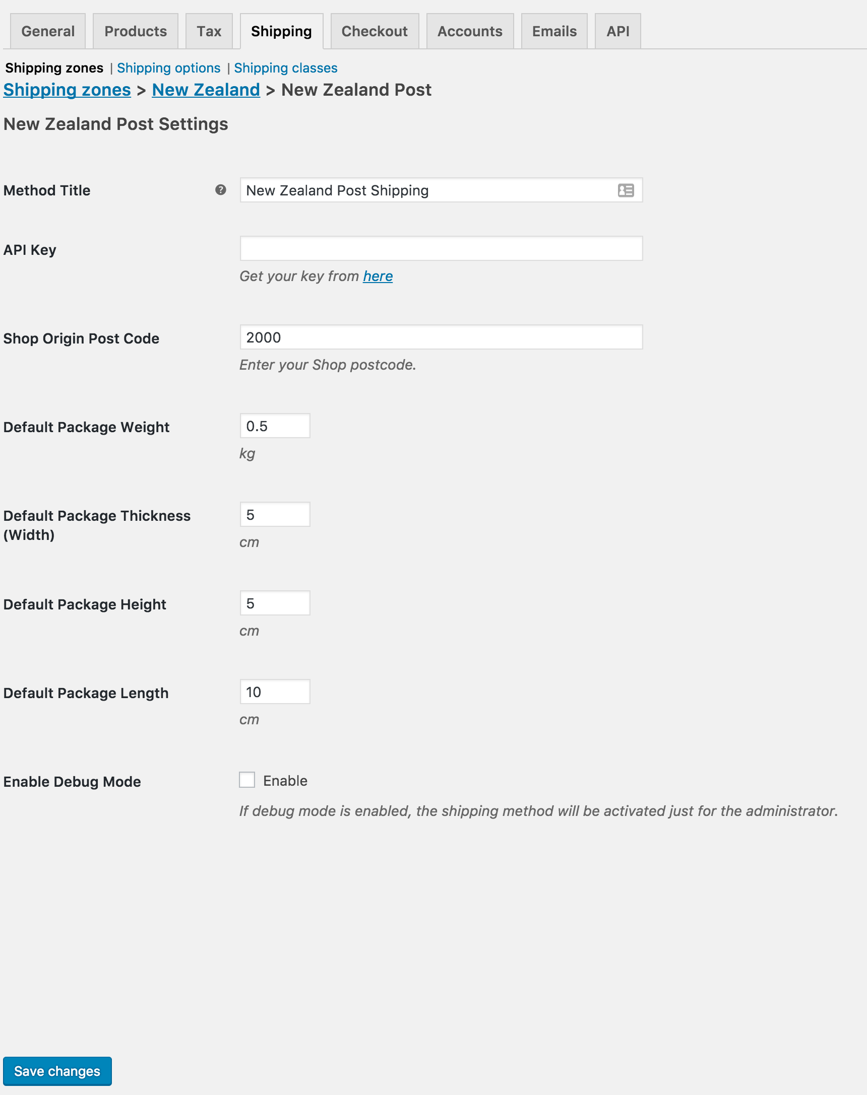 New Zealand Post Shipping Settings Page.