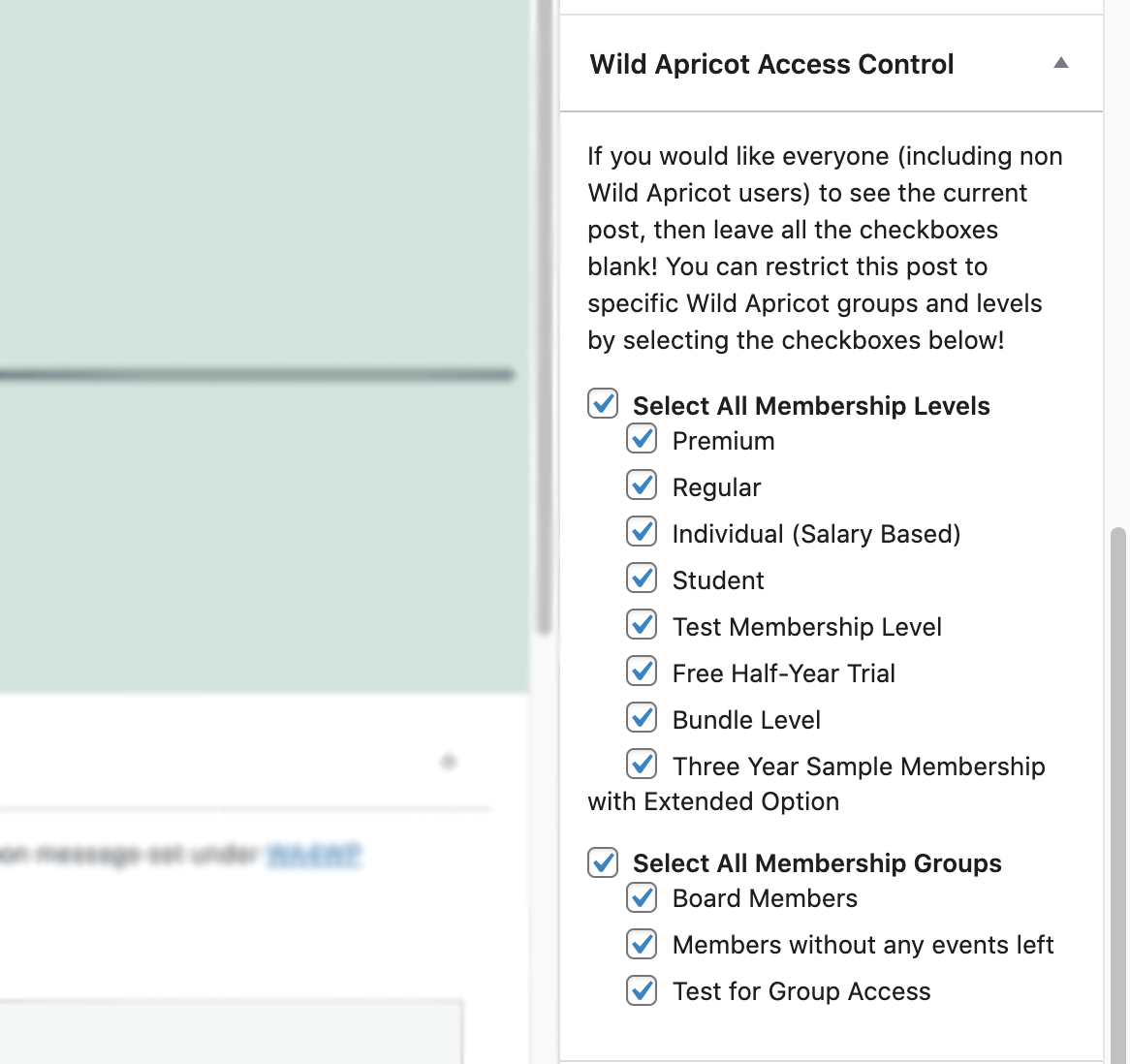 Setting access control to membership levels and groups per page or post