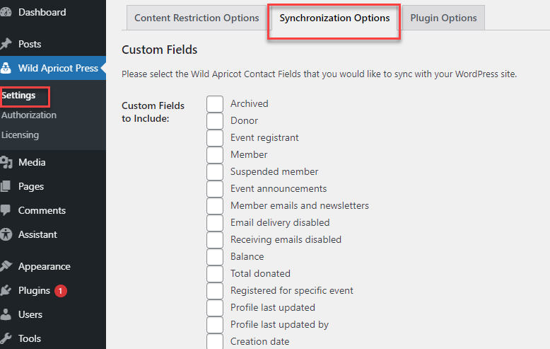 Synchronization options to sync common, membership and system fields into WordPress
