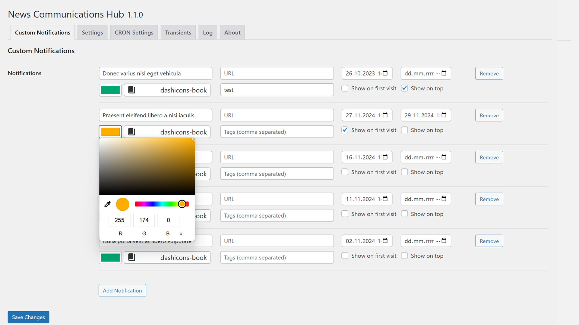 Admin panel for adding and managing custom notifications.