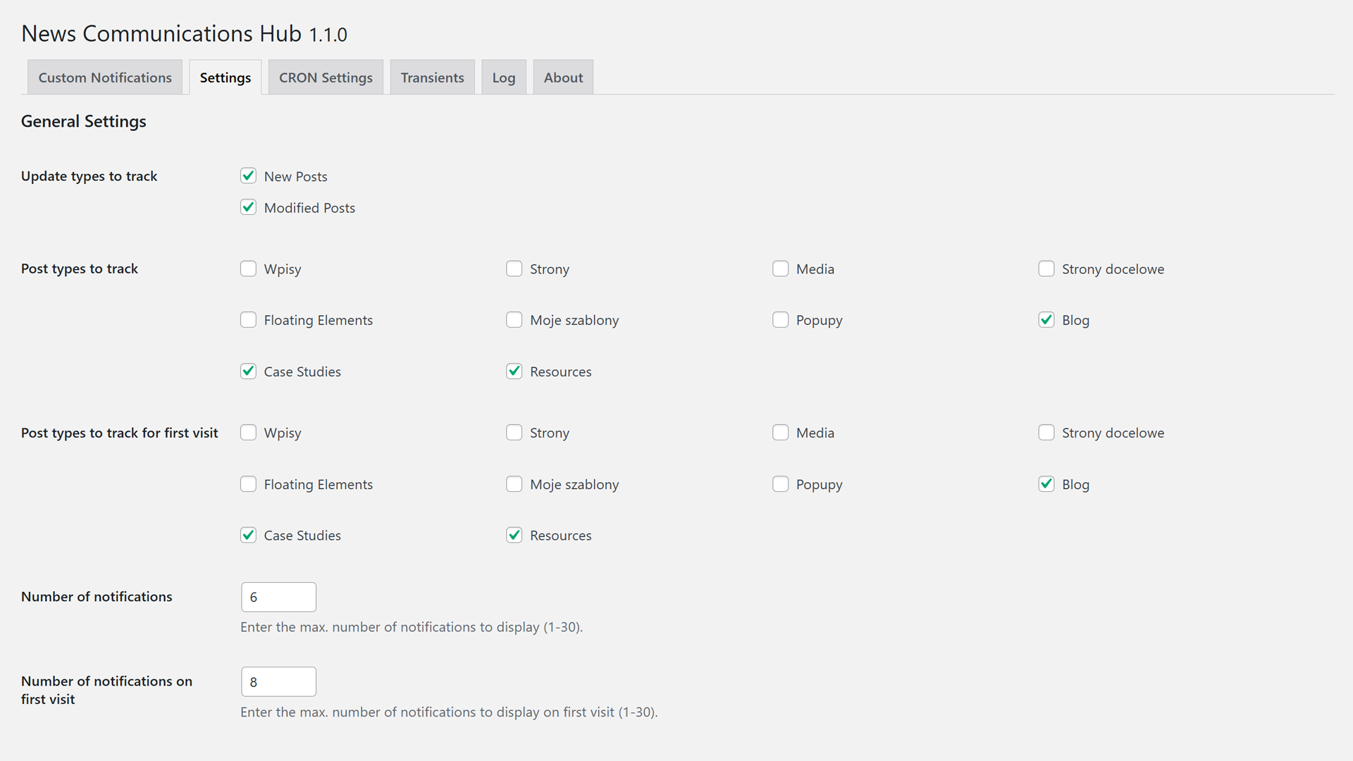 Admin panel settings tab.