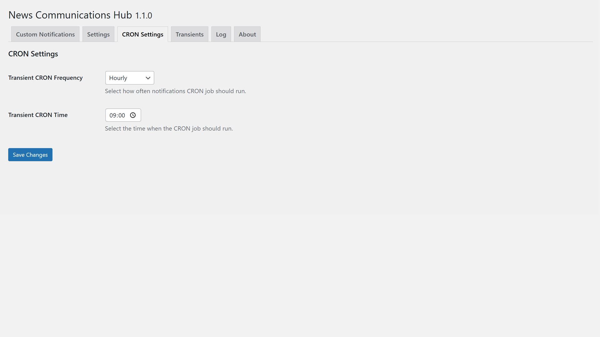 Admin panel CRON settings tab.