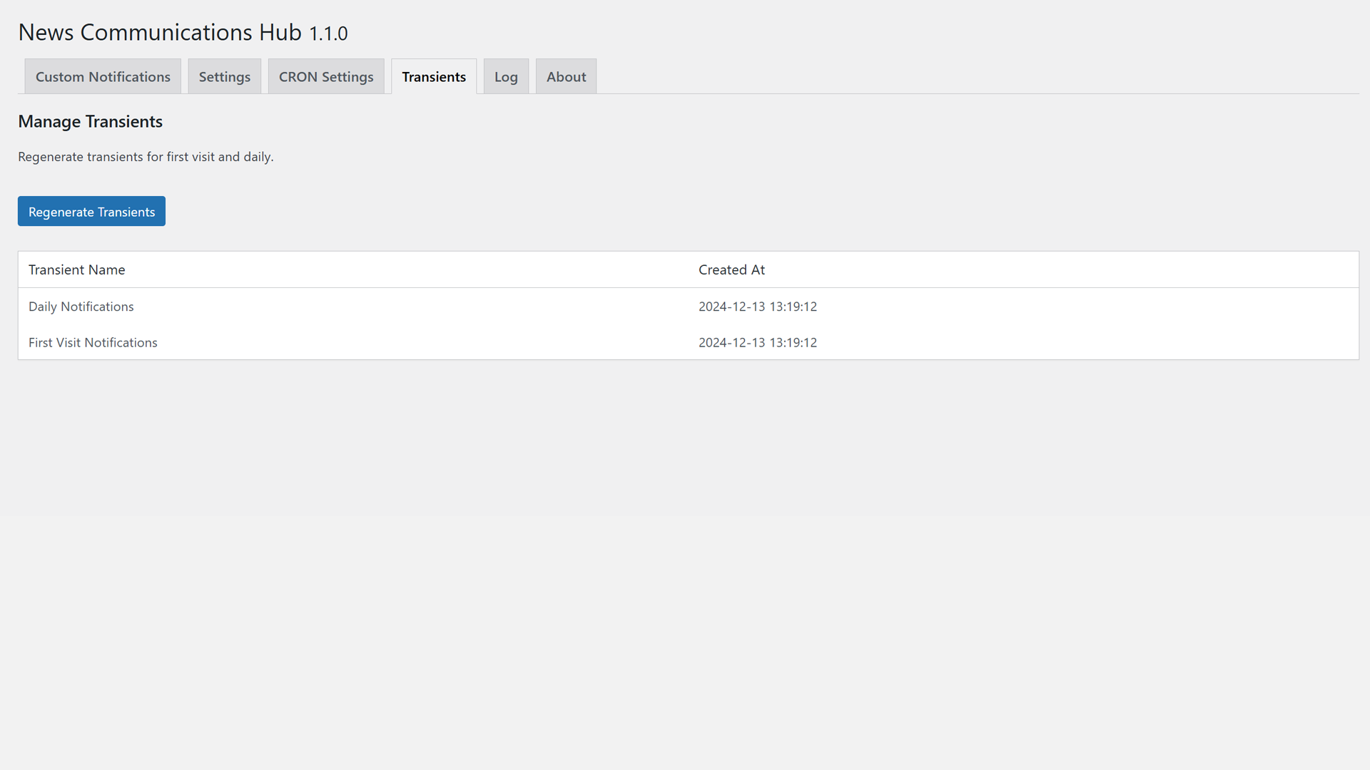 Admin panel transients settings tab.