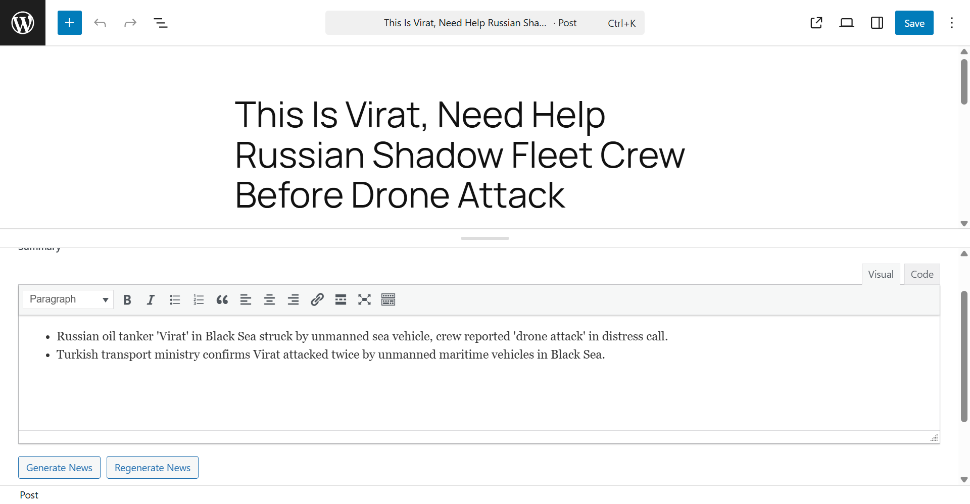 Gutenberg editor meta box with summary generation