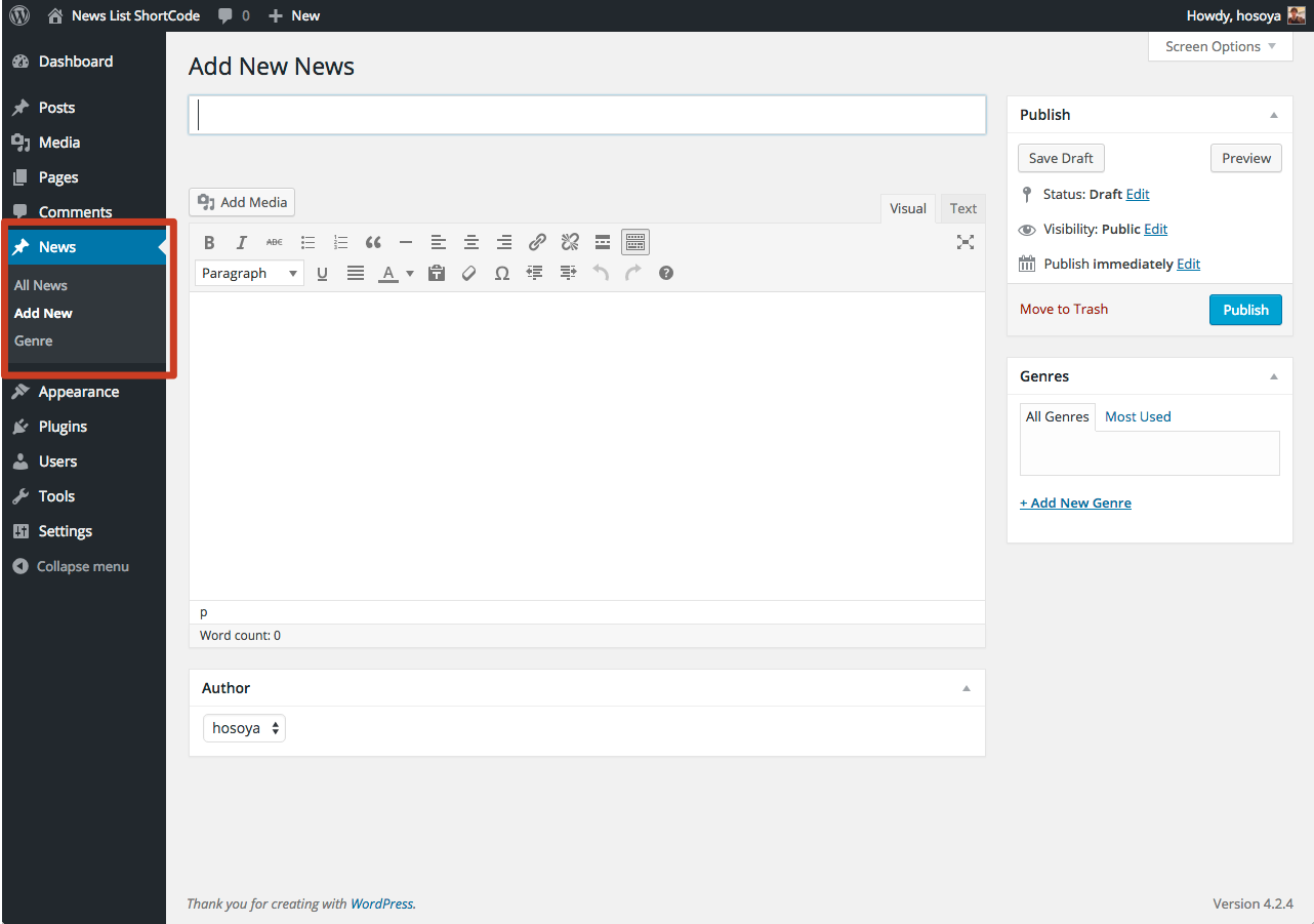 Add menu custom post type 'news'
